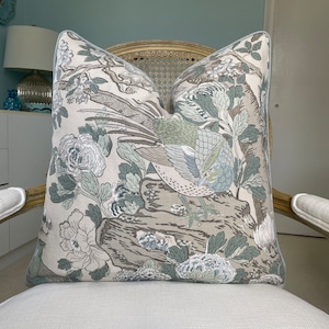 GP and J Baker “Rock Birds” in soft blues one sided high end pillow cover. Decorative pillow cover. Designer pillow cover with birds.