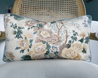 Lee Jofa "Althea" 100% cotton chintz in citron one sided lumbar pillow cover.