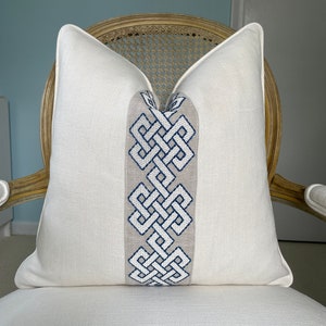 Schumacher 100% solid ivory &quot;Gweneth&quot; linen with Schumacher &quot;Chesterton&quot; tape in blue high end pillow cover. Decorative pillow cover.