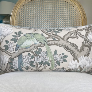 GP and J Baker “Rock Birds” in soft blue 12”x 22” one sided decorative pillow cover. Designer pillow cover with birds. Sofa pillow cover.