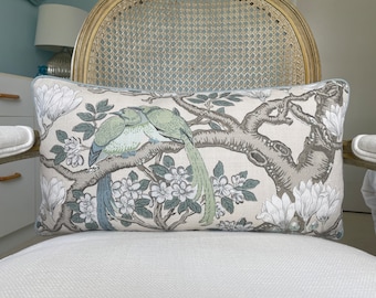 GP and J Baker “Rock Birds” in soft blue 12”x 22” one sided decorative pillow cover. Designer pillow cover with birds. Sofa pillow cover.