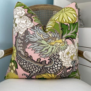 A pair of 22 x 22 both sides Schumacher Chiang Mai Dragon in blush matching 100% linen pillow covers. Designer pillow covers. Sofa pillows.