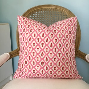 Schumacher "Buti" pink and red 100% cotton by Molly Mahon high end pillow cover. Hand block designer small print pillow cover.