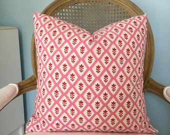 Schumacher &quot;Buti&quot; pink and red 100% cotton by Molly Mahon high end pillow cover. Hand block designer small print pillow cover.