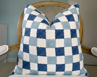 Molly Mahon "Chequer Block printed fabric linen blues one or both sides high end pillow cover. Designer pillow cover in blues.