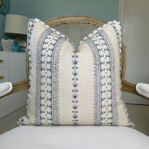 Alice Sargeant Jasper Stripe in blues one or both sides 100% linen pillow cover. High end pillow cover. Designer pillow cover.