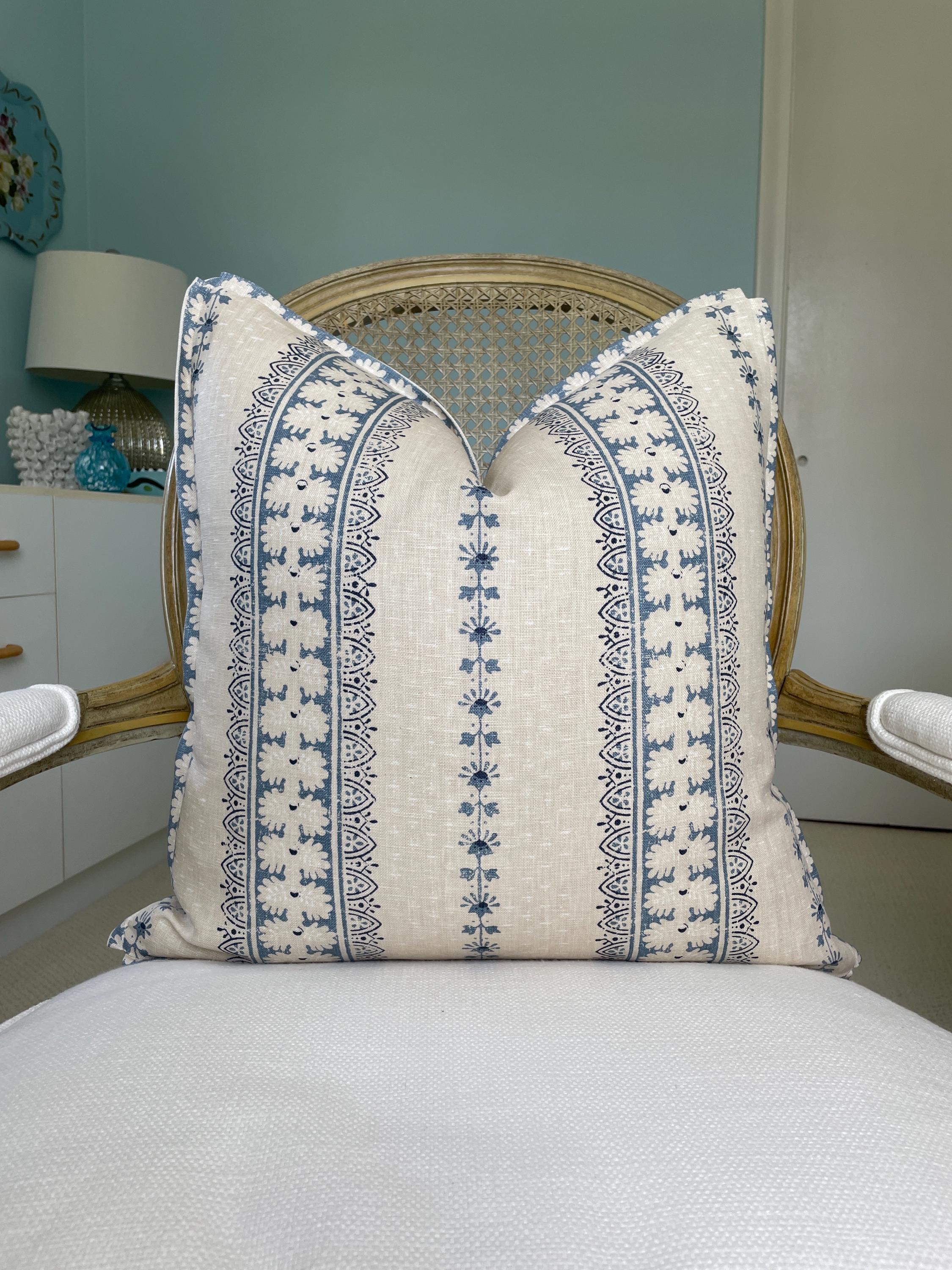 Alice Sargeant Jasper Stripe in blues one or both sides 100% linen pillow cover. High end pillow cover. Designer pillow cover.