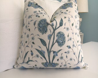 Schumacher Khilana Floral High End Pillow Cover. Aqua/Blue Designer Pillow cover. Hand blocked decorative pillow cover. Accent Pillow cover.