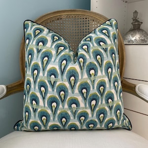 Chloe Frost Birch 20 x 20 both sides decorative pillow cover. Geometric peacock designer print pillow cover. Navy, turquoise and chartreuse