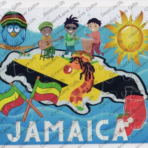 May include: A colorful jigsaw puzzle featuring an outline of Jamaica with various images including a sun, a man playing a guitar, a woman playing a drum, a bird, a drink, and flags. The puzzle is made of 24 pieces and is titled "JAMAICA".