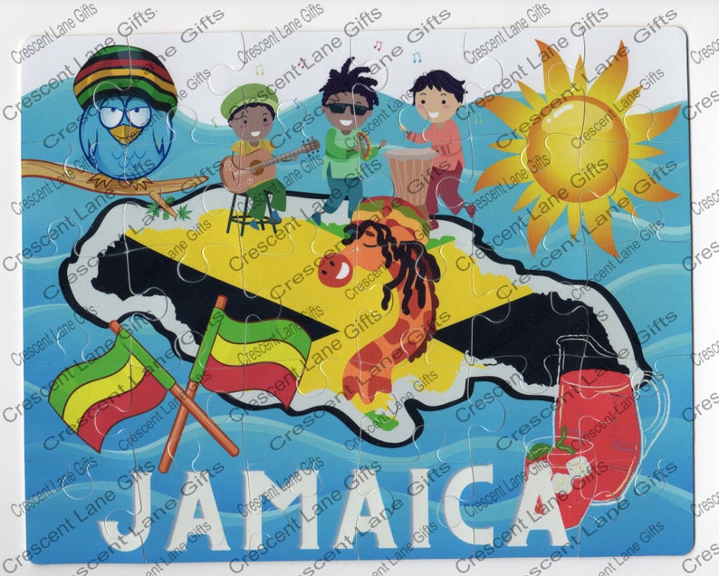 May include: A colorful jigsaw puzzle featuring an outline of Jamaica with various images including a sun, a man playing a guitar, a woman playing a drum, a bird, a drink, and flags. The puzzle is made of 24 pieces and is titled "JAMAICA".
