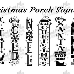 May include: Black and white Christmas porch signs with various holiday greetings, including "Welcome", "Warm", "Merry Christmas", "Baby It's Cold Outside", "N'est Pas", "Merry Christmas", "Please Stop Here Santa", "Ho Ho Ho", "Joy To The World", and "Sleigh Rides".