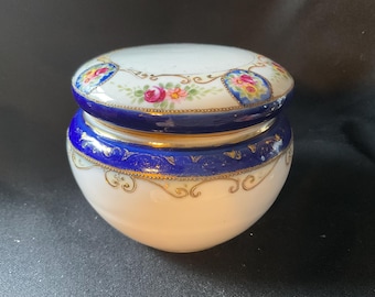 Maceta antigua Noritake con diseño floral azul cobalto, época eduardiana