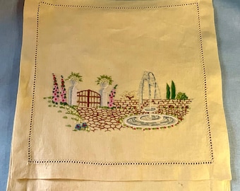 Bolsa para pañuelos bordada a mano de la década de 1930, estilo jardín inglés
