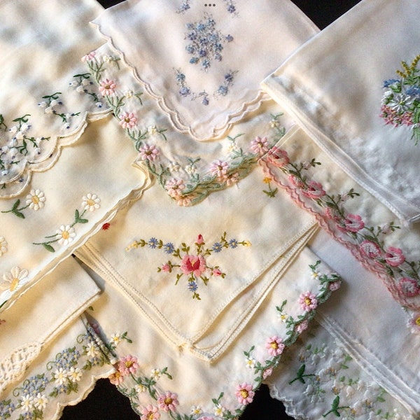 Vintage and antique Wedding handkerchiefs hand embroidered initials hanky’s available in singles and packages