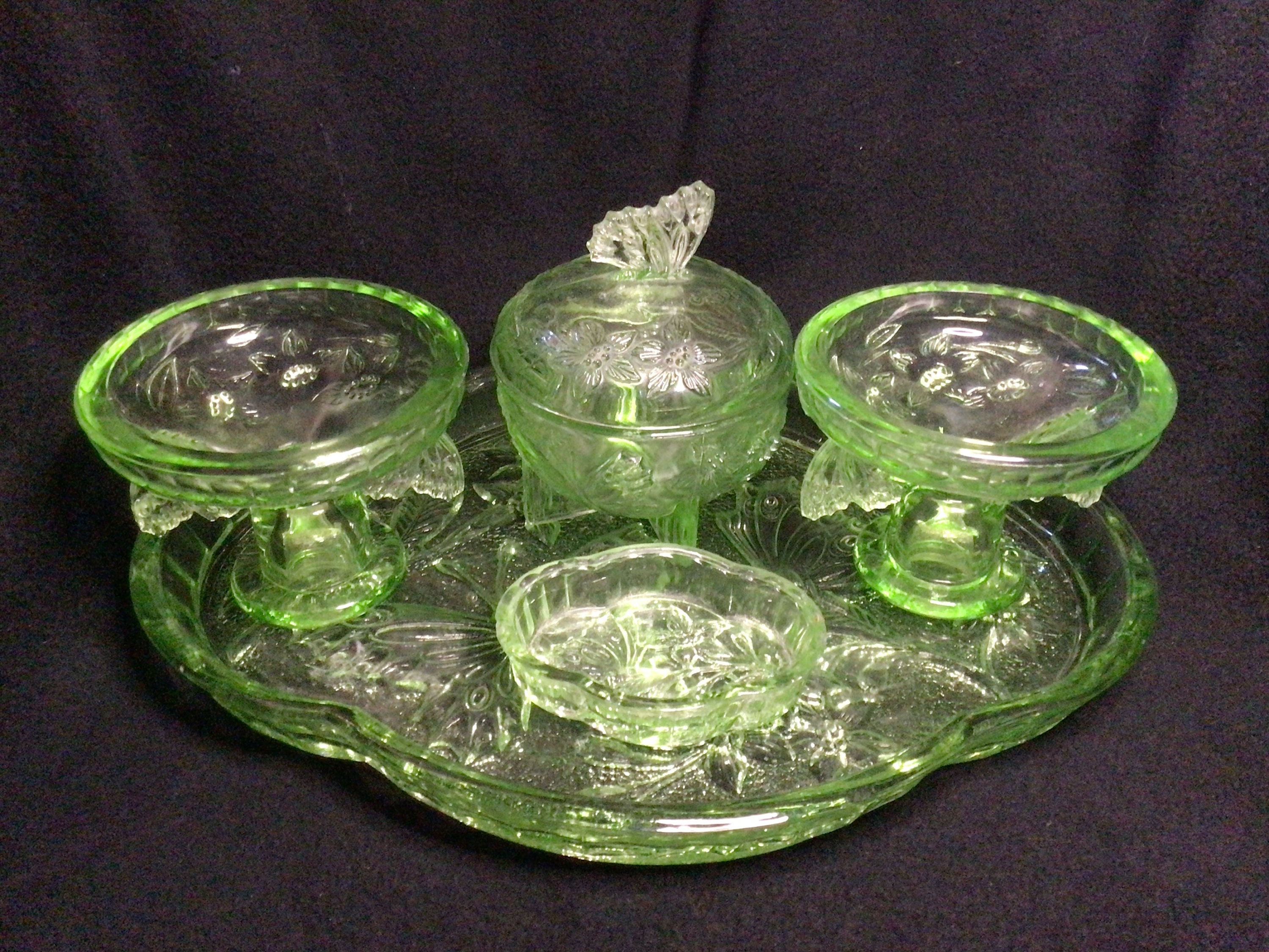 Vintage 1930s Sowerby Green Glass Butterfly Dressing Table Set