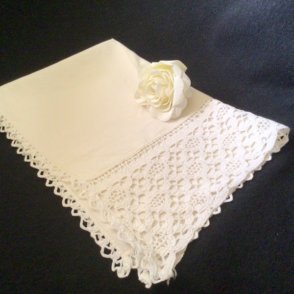 Handmade raw linen and lace cream tray cloth 1920s