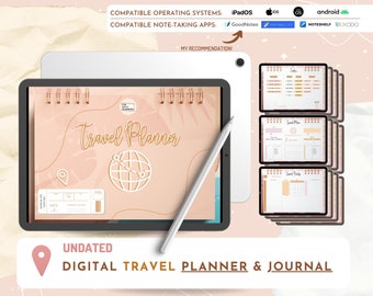 May include: A digital travel planner and journal with a peach background and gold accents. The planner includes sections for travel plans, packing lists, and a journal. The text "Travel Planner" is written in a gold font. The planner is compatible with iPadOS, GoodNotes, and other note-taking apps.