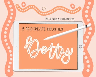 May include: A digital illustration of a tablet screen displaying the word "Dotty" in a white font with a dotted outline. The word is written in a cursive font. The tablet is on a peach background with two examples of dotted lines above the tablet. The text "2 Procreate Brushes" is above the tablet. The text "By @thedailyplanners" is below the tablet.