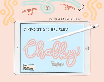 May include: A digital tablet displaying a blue background with the text "2 Procreate Brushes Chalky Outline" and a pink and orange chalky font that says "Chalky Outline". The tablet is on a pink background with yellow and orange wavy lines.