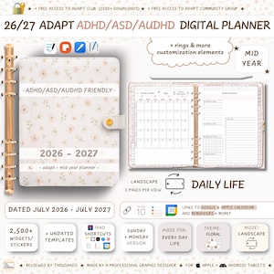 May include: A 2026-2027 digital planner with a floral cover, featuring ADHD/ASD/AUDHD friendly text. The planner includes a monthly calendar view, a dashboard with to-do lists, and customization elements like rings, widgets, and stickers.