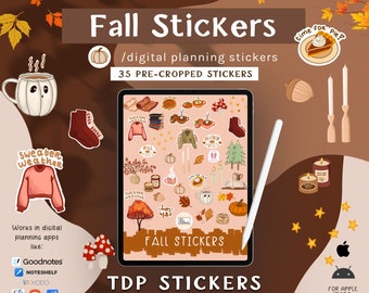 May include: A digital planner sticker set with 35 pre-cropped stickers featuring fall-themed illustrations. The stickers include images of pumpkins, leaves, sweaters, coffee cups, and more. The text "Fall Stickers" and "TDP Stickers" is visible on the image.