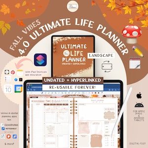 Op de afbeelding: Een digitale planner met een herfstthema. De planner is open om de dagelijkse planner- en dagboekpagina's te laten zien. De planner is niet gedateerd en hyperlinked, en is compatibel met digitale planningsapps zoals Goodnotes, Noteshelf en Xodo. De planner is beschikbaar als digitaal bestand voor Apple iPads en Android-tablets.