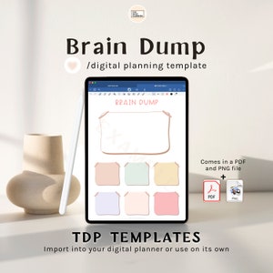 Pode incluir: Um modelo de planejador digital numa tela de computador com o texto "Brain Dump" e uma seção para notas. O modelo inclui seis notas adesivas coloridas com cantos arredondados. O texto "Comes in a PDF and PNG file" é exibido no lado direito da tela.