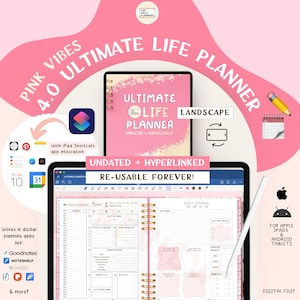 Könnte beinhalten: Ein rosa digitaler Planer mit dem Text "Pink Vibes 4.0 Ultimate Life Planner" und "Undated + Hyperlinked". Das Bild zeigt den Planer geöffnet auf einem Tablet, mit einem Stift. Beinhaltet App-Integration und ist wiederverwendbar.
