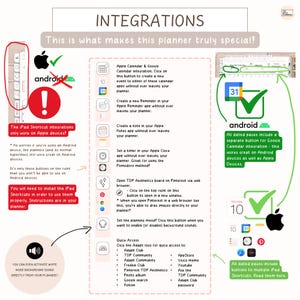 K&ouml;nnte beinhalten: Eine digitale Planerseite mit dem Titel "INTEGRATIONS" und verschiedenen Symbolen und Texten, die Funktionen erkl&auml;ren. Enth&auml;lt Informationen zur Kompatibilit&auml;t mit Apple und Android, Kalenderintegration und Schnellzugriffsoptionen. Der Planer ist f&uuml;r die Verwendung auf Apple-Ger&auml;ten konzipiert.