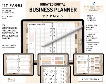 May include: Beige digital business planner with 117 pages, including a weekly planner, budget tracker, table of contents, stickers, and finance pages. The planner is designed for solopreneurs, freelancers, and client or sales-based business owners. It includes links to video tutorials.