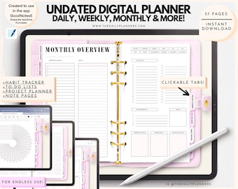 May include: A pink and white digital planner with clickable tabs for daily, weekly, and monthly planning. The planner includes a habit tracker, to-do lists, project planner, and note pages. The planner is undated and has 57 pages. The text "UNDATED DIGITAL PLANNER DAILY, WEEKLY, MONTHLY & MORE!" is at the top of the image. The text "CLICKABLE TABS!" is at the bottom right of the image.