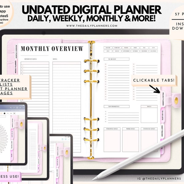 Undated Digital Planner [Regular - Pink] - Daily, Weekly, Monthly - Project Planner - Goodnotes Planner leather look [THE DAILY PLANNERS]