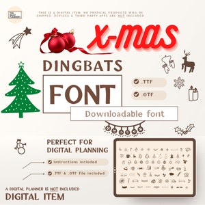 May include: A digital font download for Christmas themed dingbats. The font is brown and the text says "x-mas dingbats font". The image also includes a variety of Christmas themed dingbats, including a Christmas tree, a snowman, a reindeer, a star, a snowflake, and a candle.
