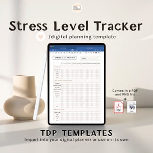 Könnte beinhalten: Eine digitale Planer-Vorlage zum Verfolgen von Stresslevel. Die Vorlage enthält Abschnitte zum Aufzeichnen von Stresslevel, was Sie tun, um Stress abzubauen, und Stresslevel danach. Die Vorlage ist in den Formaten PDF und PNG verfügbar.