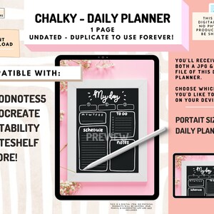 May include: A digital daily planner with a black chalkboard background. The planner is titled "My Day" and includes sections for schedule, to do, and notes. The planner is compatible with Goodnotes5, Procreate, Notability, Noteshelf, and more.