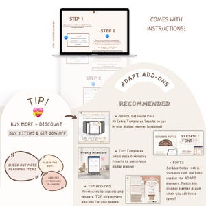 May include: A digital planner add-ons advertisement with a laptop displaying instructions. The image includes text like "ADAPT ADD-ONS" and "BUY 2 ITEMS & GET 20% OFF." It showcases templates, fonts, and stickers for digital planning.
