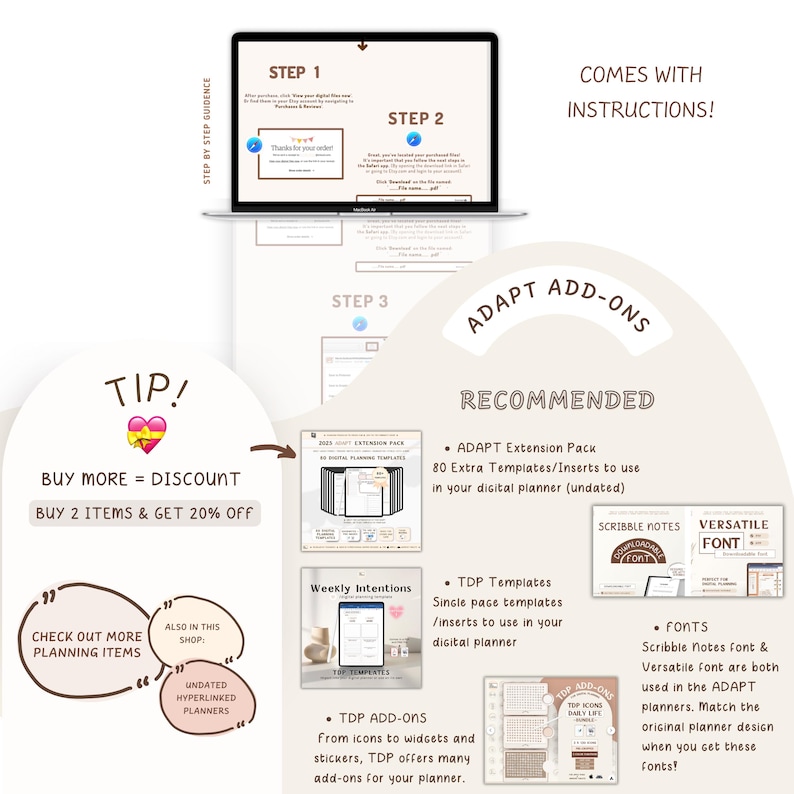 May include: A digital planner add-ons advertisement with a laptop displaying instructions. The image includes text like "ADAPT ADD-ONS" and "BUY 2 ITEMS & GET 20% OFF." It showcases templates, fonts, and stickers for digital planning.