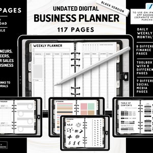 May include: Black and white digital business planner with 117 pages. The planner includes a weekly planner, budget tracker, finance pages, toolbox pages, social media pages, and a table of contents. The planner is designed for use with the GoodNotes app on iPad.