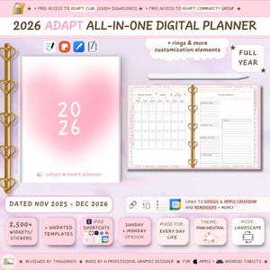 May include: A 2026 digital planner in pink and white, featuring a calendar and customisation elements. The planner includes widgets and stickers. Text reads "2026 ADAPT ALL-IN-ONE DIGITAL PLANNER". Designed for iPad and Android tablets.