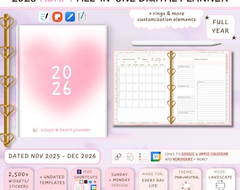 May include: A digital planner for 2026 with a pink and white design. The planner includes a calendar, widgets, and stickers. The text on the planner reads "2026 ADAPT ALL-IN-ONE DIGITAL PLANNER". It is designed for iPad and Android tablets.