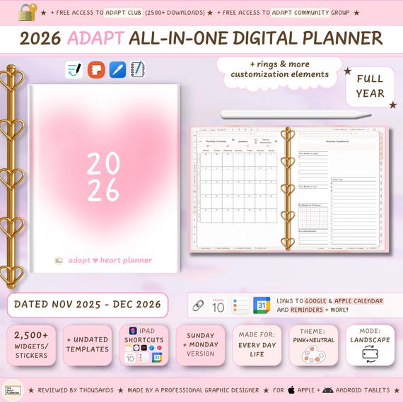 2026 Digital Planner: ADAPT heart Planner for GoodNotes, Samsung Notes & more, 2500+ Stickers (PDF + PNG Downloads) - Landscape - Dated