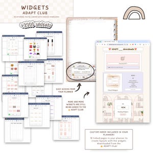 K&ouml;nnte beinhalten: Digitale Planer-Widgets von Adapt Club, mit &uuml;ber 2000 Widgets verf&uuml;gbar. Das Bild zeigt verschiedene digitale Planer-Layouts und eine Website-Oberfl&auml;che. Text enth&auml;lt "Einfacher Zugriff von Ihrem Planer" und "Benutzerdefinierter Index enthalten".