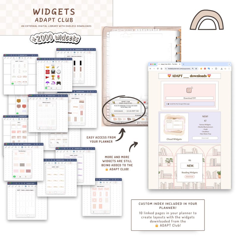 K&ouml;nnte beinhalten: Digitale Planer-Widgets von Adapt Club, mit &uuml;ber 2000 Widgets verf&uuml;gbar. Das Bild zeigt verschiedene digitale Planer-Layouts und eine Website-Oberfl&auml;che. Text enth&auml;lt "Einfacher Zugriff von Ihrem Planer" und "Benutzerdefinierter Index enthalten".