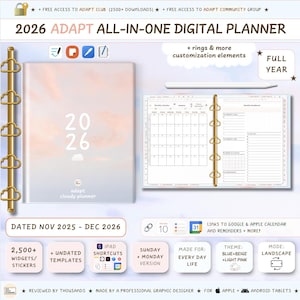 Op de afbeelding: Een digitale planner voor 2026 met een zachtroze en blauwe omslag, getiteld "2026 ADAPT ALL-IN-ONE DIGITAL PLANNER". Het bevat widgets, sjablonen en snelkoppelingen. Ontworpen voor iPads, biedt het zondag/maandag versies. Gedateerd van november 2025 tot december 2026.