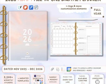 May include: A digital planner for 2026, featuring a soft pink and blue cover with the text "2026 ADAPT ALL-IN-ONE DIGITAL PLANNER." The planner includes widgets, templates, and shortcuts. It is designed for use on iPads and is available in a Sunday/Monday version.