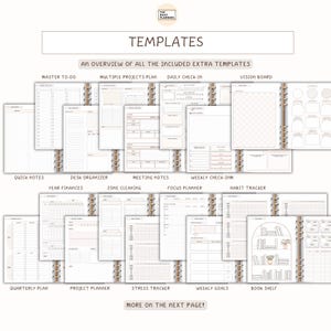 K&ouml;nnte beinhalten: &Uuml;bersicht &uuml;ber Planervorlagen, darunter Master To-Do, Multiple Projects Plan und Daily Check-In. Die Vorlagen werden in einer neutralen Farbpalette mit Textbeschriftungen angezeigt. Das Logo von Daily Planners befindet sich oben rechts.
