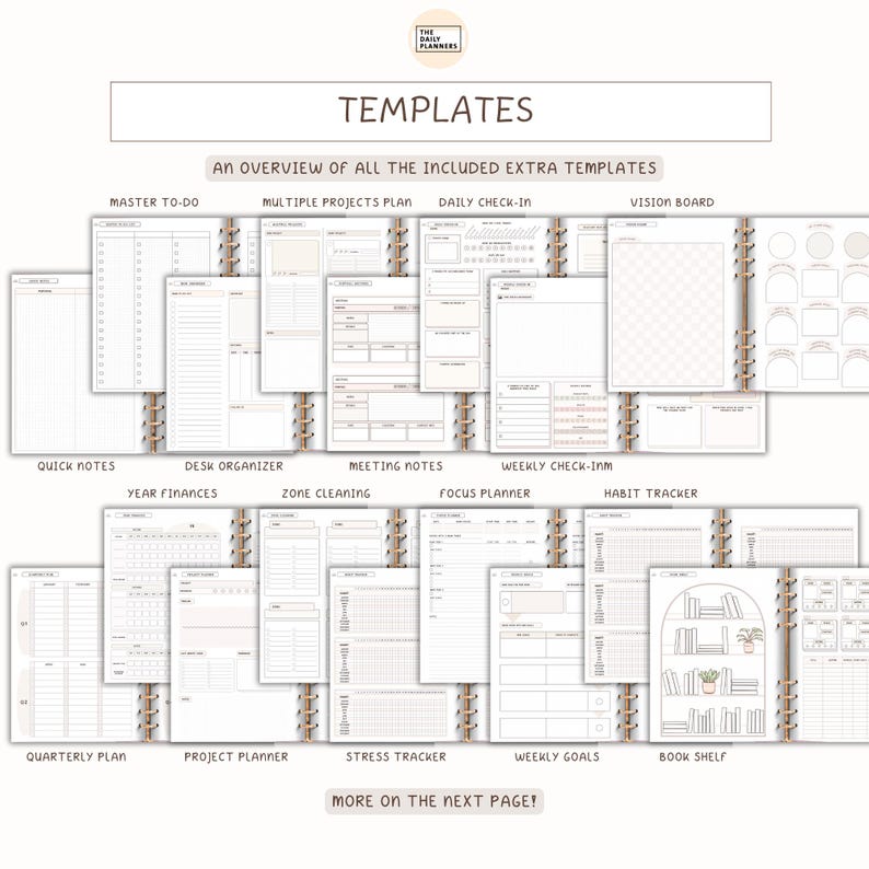 K&ouml;nnte beinhalten: &Uuml;bersicht &uuml;ber Planervorlagen, darunter Master To-Do, Multiple Projects Plan und Daily Check-In. Die Vorlagen werden in einer neutralen Farbpalette mit Textbeschriftungen angezeigt. Das Logo von Daily Planners befindet sich oben rechts.