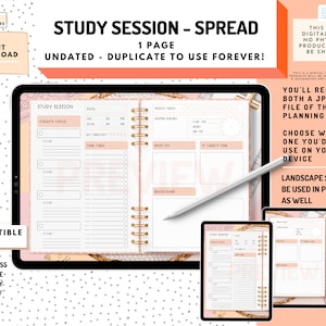 Könnte beinhalten: Ein digitaler Planer-Spread für Lernsitzungen mit einem rosa-weißen Farbschema. Der Planer enthält Abschnitte für das heutige Thema, den Zeitplan, die To-Dos und das Brainstorming. Der Planer ist kompatibel mit Goodnotes, Procreate, Notability, Noteshelf und mehr.