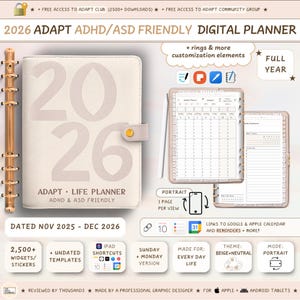Könnte beinhalten: Ein beiger digitaler Planer für 2026 mit dem Text "ADAPT ADHD/ASD FRIENDLY DIGITAL PLANNER". Der Planer enthält Widgets, Aufkleber und undatierte Vorlagen. Er ist für iPad-Shortcuts konzipiert und bietet eine Sonntag/Montag-Version. Das Thema ist beige und neutral, im Hochformat.